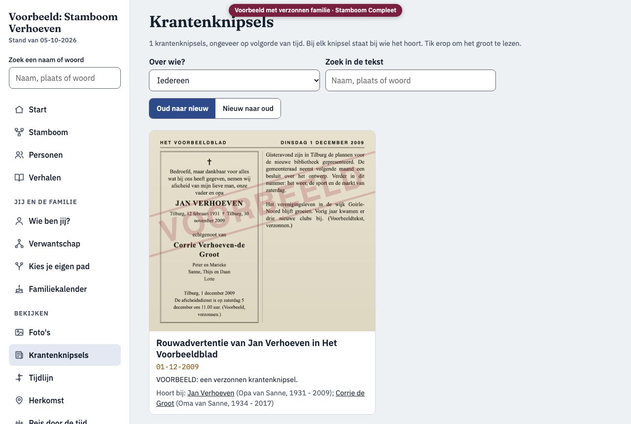A made-up death notice marked VOORBEELD (example).