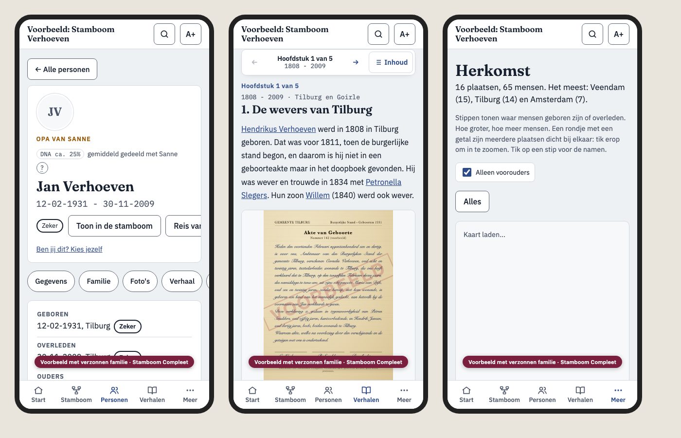The example site on a phone: a person page, the chronicle and the map.